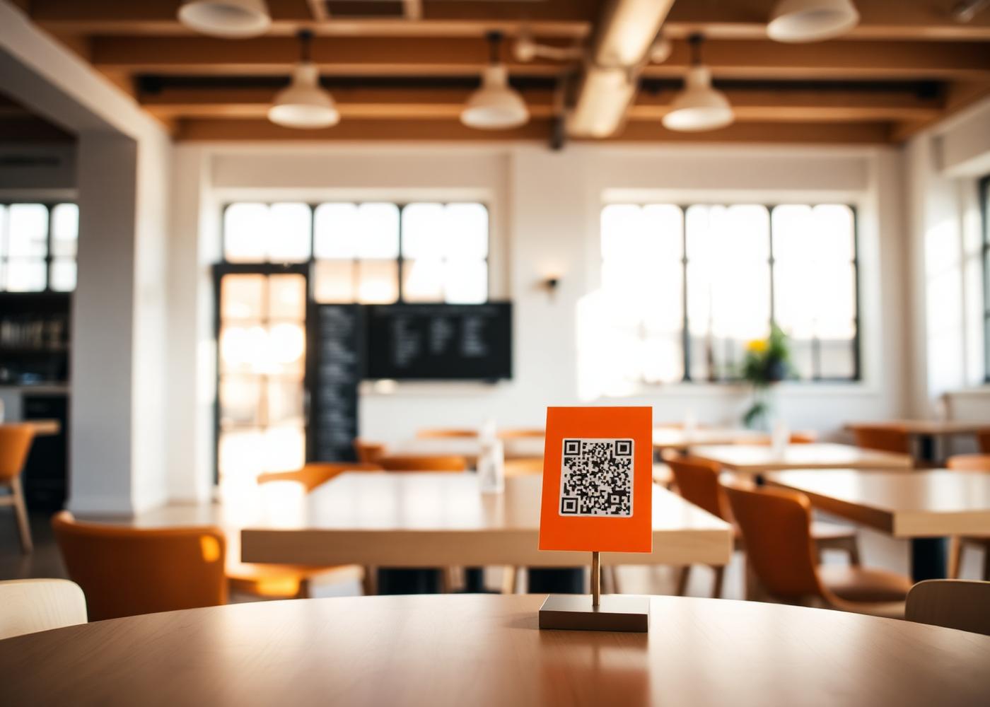 Table de restaurant avec un support de commande QR code orange